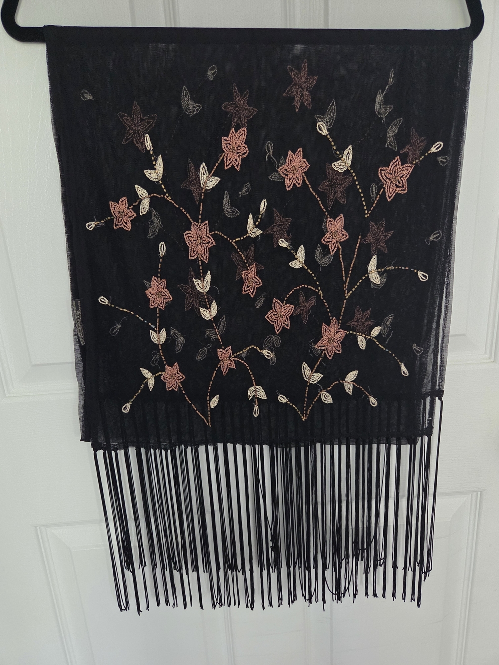 Black Floral Embroidered Frangi Fringed Scarf